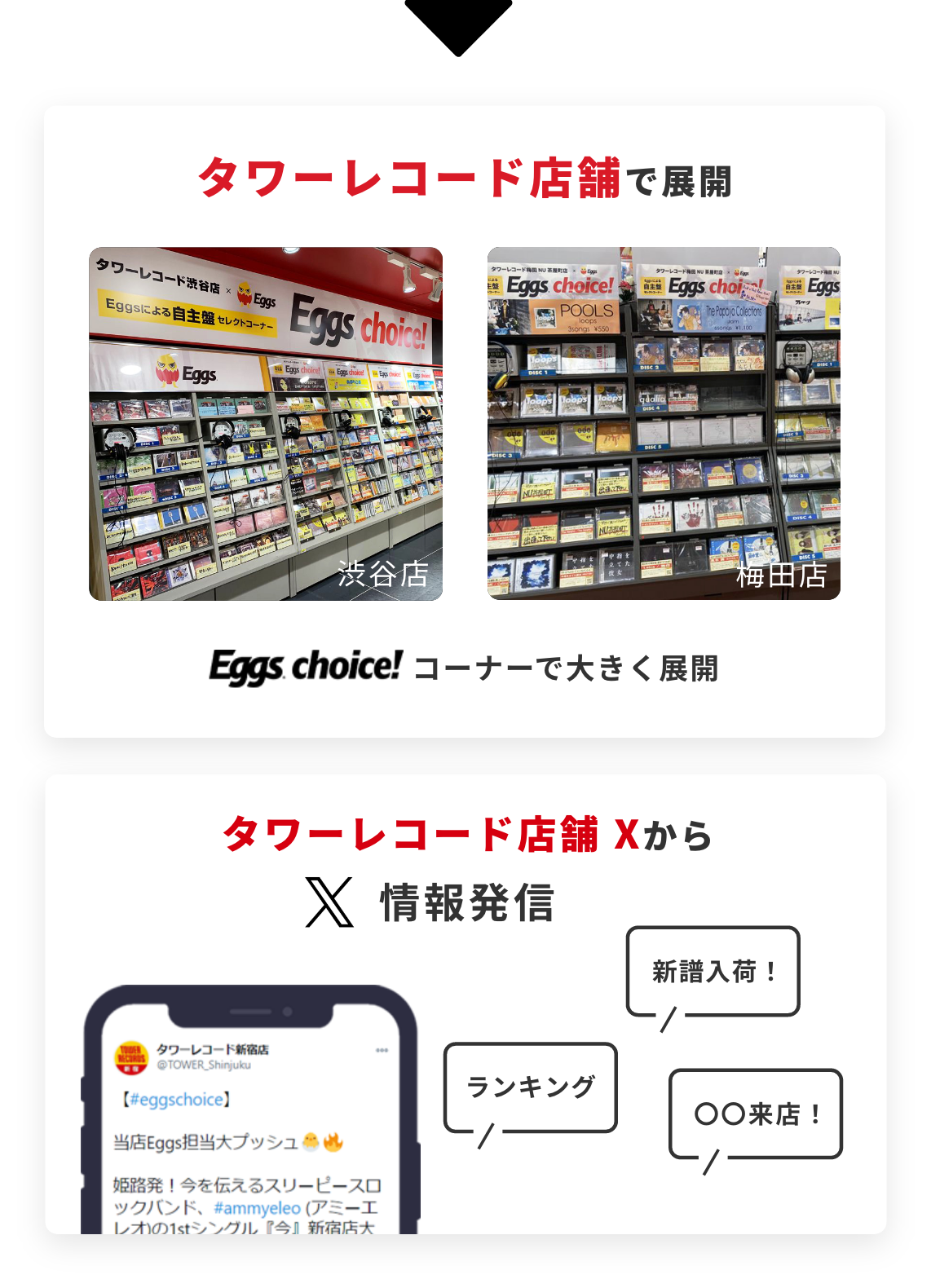 タワーレコード店舗（渋谷店、梅田店など）のEggs choice!コーナーで大きく展開。／タワーレコード店舗Xから、ランキング・新譜入荷・来店の情報発信。